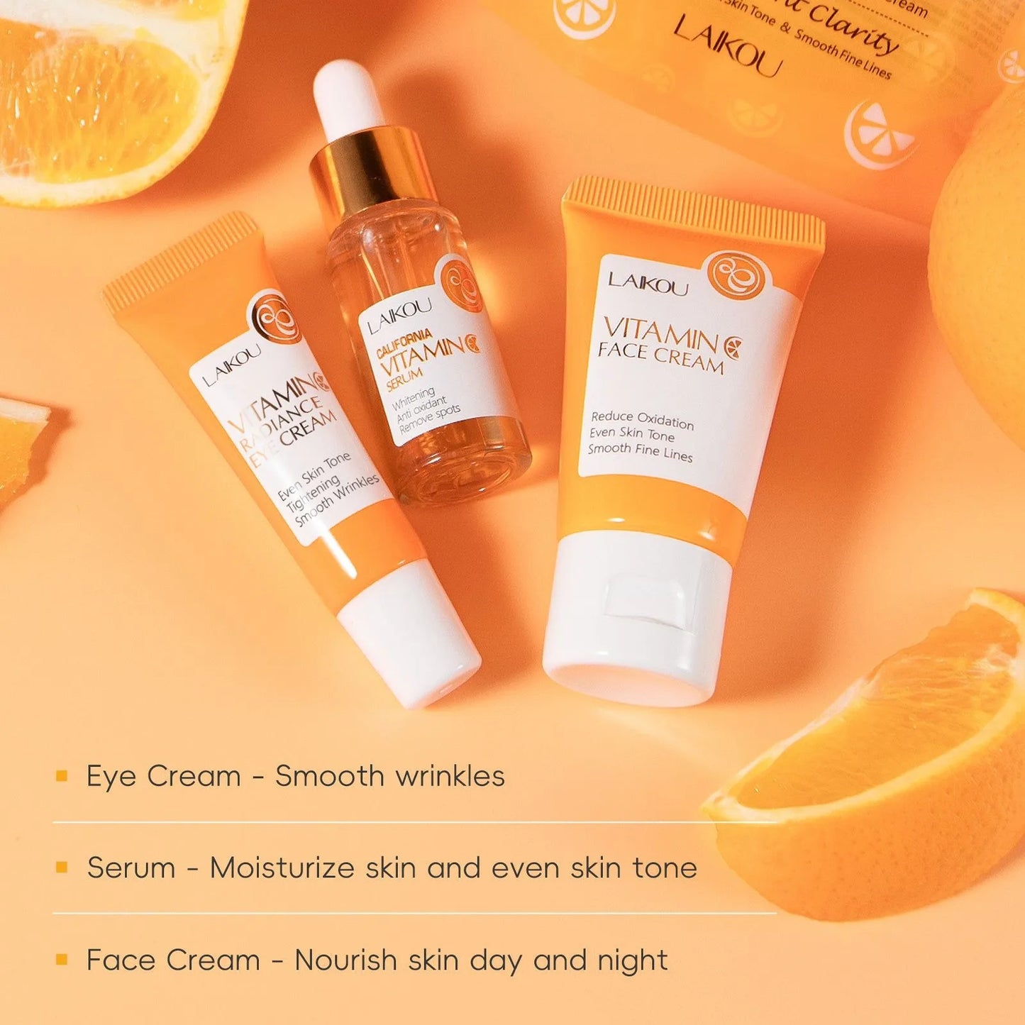 LAIKOU Vitamin C Series Skin Care Product Set 5-piece Moisturizing Skin Care Set Cleanser Toner Essence Eye Cream and Face Cream