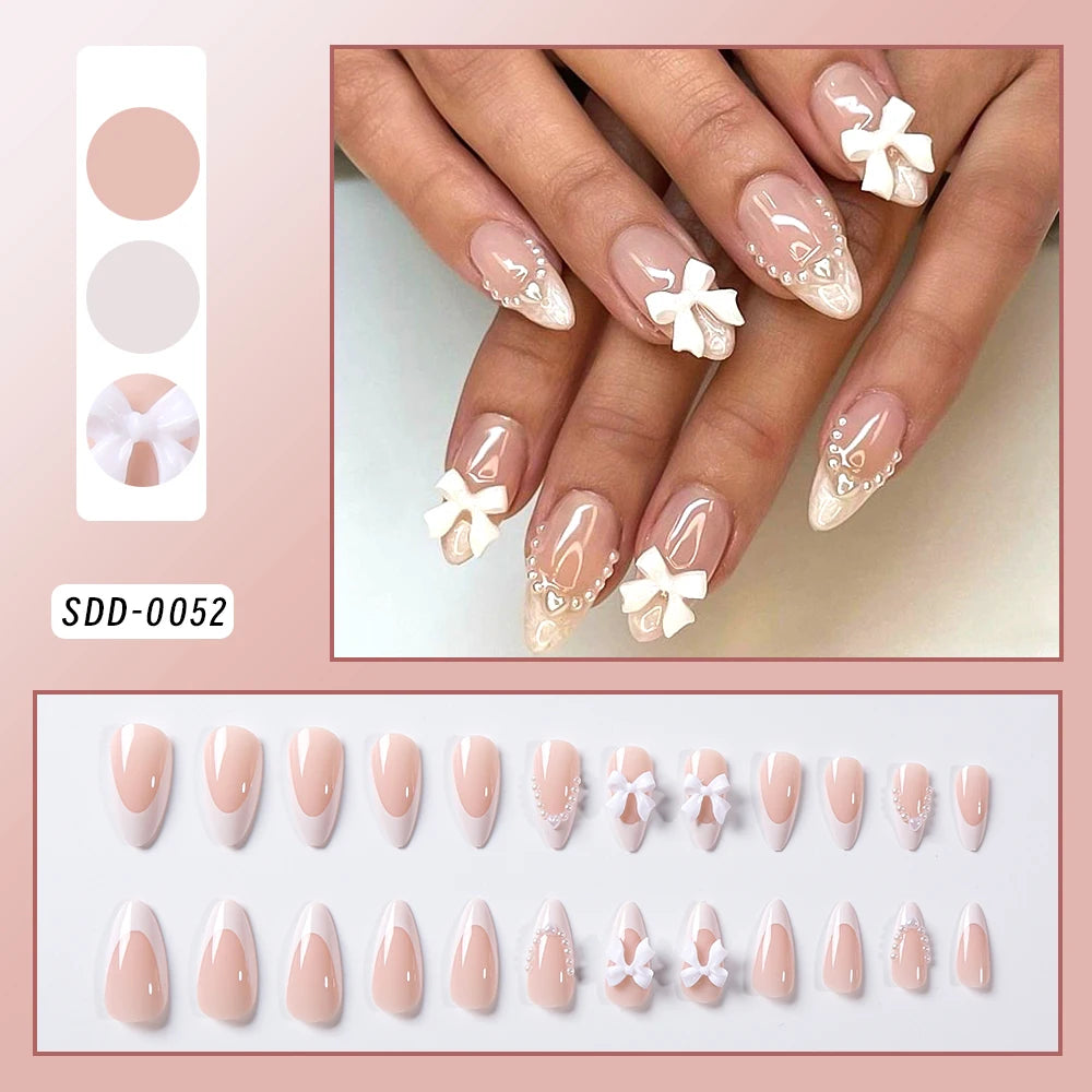 24pc Sweet Bow Knot Elegant French Press on Nails Long pink Almond Pearl Bows Fake Nails Full Cover Wearable False Nail for Girl