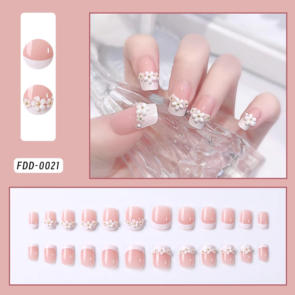 24pc Sweet Bow Knot Elegant French Press on Nails Long pink Almond Pearl Bows Fake Nails Full Cover Wearable False Nail for Girl