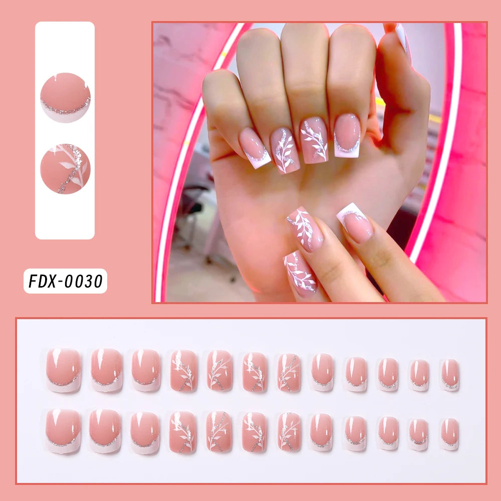 24pc Sweet Bow Knot Elegant French Press on Nails Long pink Almond Pearl Bows Fake Nails Full Cover Wearable False Nail for Girl